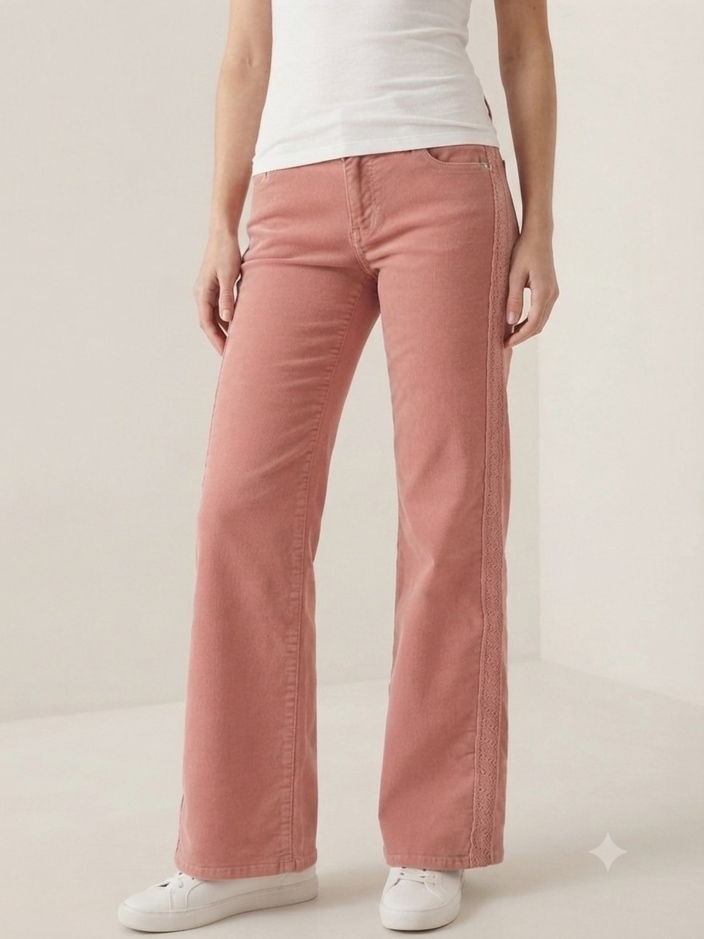 Women’s Rose Pink Wide-Leg Jeans with Side Lace Trim